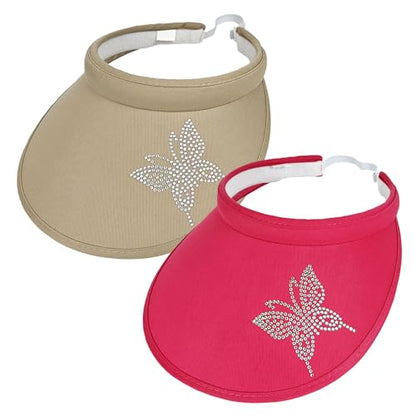 2 Pack Sun Visors Women Wide Brim Clip on Summer Hats Adjustable UV Protection - color: Butterfly-khaki,rose Red