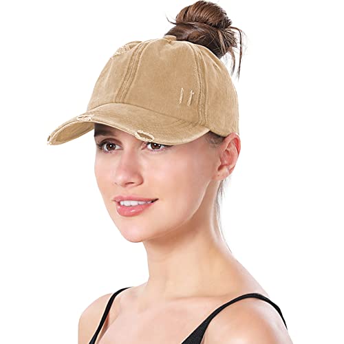 Criss Cross Ponytail Hat Women Washed Distressed Baseball Caps Adjustable High Messy Bun Ponycap - color: B - Denim Khaki