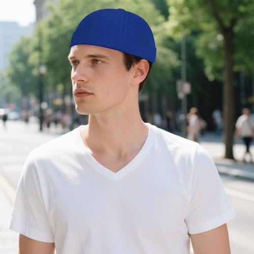 2 Pcs Mens Brimless Docker Cap Set - Retro Worker Sailor Skull Cap Beanie with Rolled Cuff - color: Blue