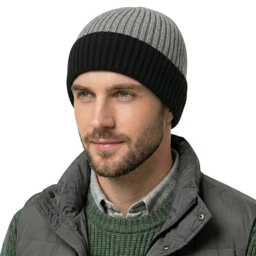 ZLYC Men Winter Knit Fisherman Beanie Hat Fashion Warm Daily Skull Cap - color: Cuffed Black and Gray