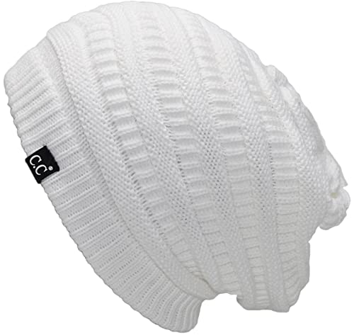 C.C Beanie Oversized Hat with Fuzzy Lining – Thick Knit Thermal Beanie for Cold Weather, Soft Warm Fleece Lined Cap - color: White