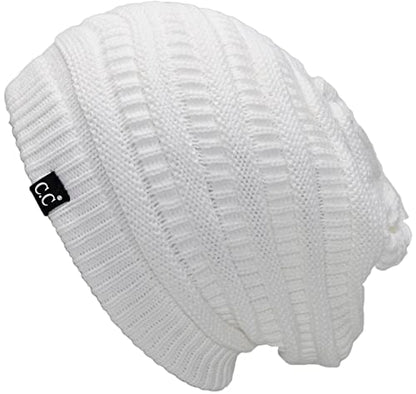 C.C Beanie Oversized Hat with Fuzzy Lining – Thick Knit Thermal Beanie for Cold Weather, Soft Warm Fleece Lined Cap - color: White