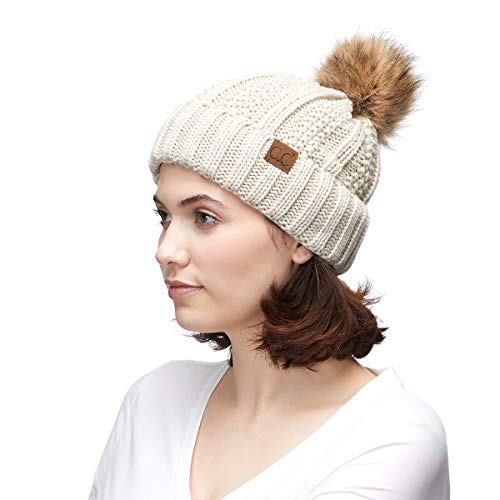 C.C Exclusives Fuzzy Lined Knit Fur Pom Beanie Hat (YJ-820) - color: Beige