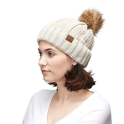C.C Exclusives Fuzzy Lined Knit Fur Pom Beanie Hat (YJ-820) - color: Beige