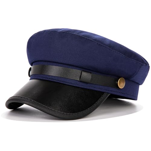 여성용 요트 캡틴 세일러 모자, PU 소재 뉴스보이 모자, 세련된 바이커 모자, 베이커 보이 모자, 피크 베레모 - color: Navy Blue F