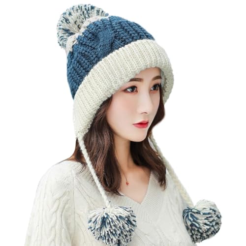 HUAMULAN Women Winter Sherpa Knit Beanie Hat Fleece Lined Ear Flaps - color: Lakeblue Beige