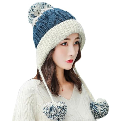 HUAMULAN Women Winter Sherpa Knit Beanie Hat Fleece Lined Ear Flaps - color: Lakeblue Beige