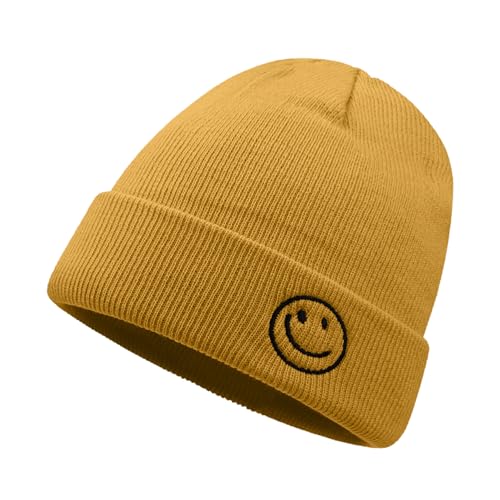 CLAPE Beanie Hat for Men, Cute Embroidery Smiley Face Winter Hat Women Outdoor Ski Snowboarding Knit Cuffed Fisherman Beanie - color: Kh27-yellow