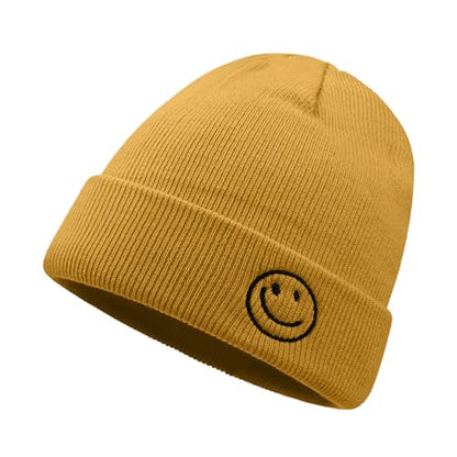 CLAPE Beanie Hat for Men, Cute Embroidery Smiley Face Winter Hat Women Outdoor Ski Snowboarding Knit Cuffed Fisherman Beanie - color: Kh27-yellow
