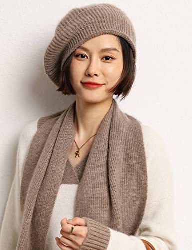Cashmere Berets Hats Women Winter Warm Merino Wool Knitted Oversized Beige Beanie - color: Camel