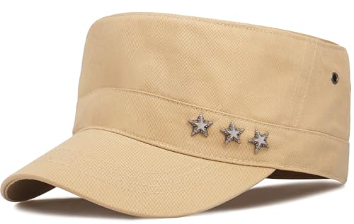 Glamorstar Unisex Cadet Army Caps Military Cap Vintage Flat Top Hats for Men Women - color: Beige F