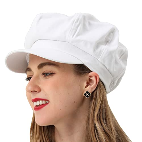 Womens Newsboy Cap Summer Beret Cap- 100% Cotton 8 Panels Vintage Cabbie Hat- Octagonal Visor Cap for Women Girls Ladies Gift - color: White