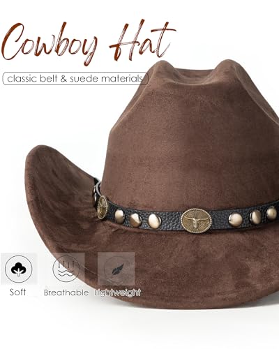 Western Cowboy Hat for Men Wide Brim Suede Cattleman Cowgril Hats - color: Black Belt /Coffee
