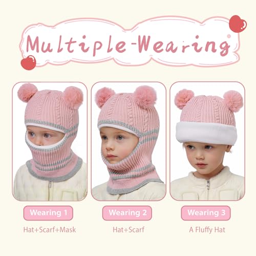 Kids Winter Hat Scarf, Toddler Scarf Hat for Girls with Pom Knit Neck Warmer Gaiter Mittens Fleece Lined Set for Kids - color: Pink