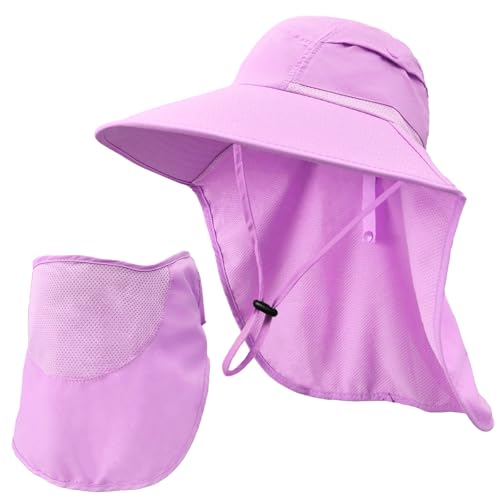 Sun Hats for Men Women Detachable Face Cover Wide Brim Fishing Hats with Neck Flap UPF 50+ Outdoor Safari Hats - color: Purple