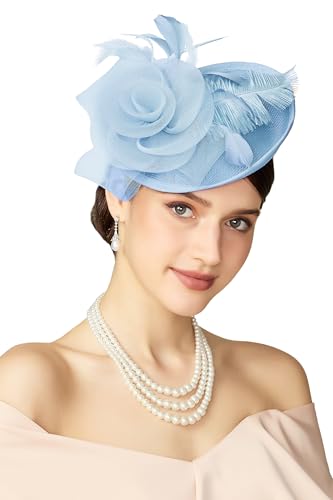 BABEYOND Fascinators Hats for Women Tea Party Mesh Flower Pillbox Derby Hat - color: Light Blue