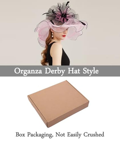 Women Derby Fascinator Hat Organza Church Wedding Hats Wide Brim Cocktail Tea Party Hat - color: 35pink