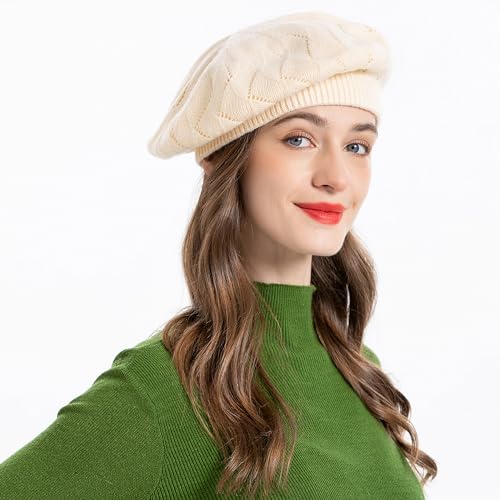 ZLYC Women French Beret Hat Reversible Solid Color Knit Warm Artist Cap - color: Solid Cream White