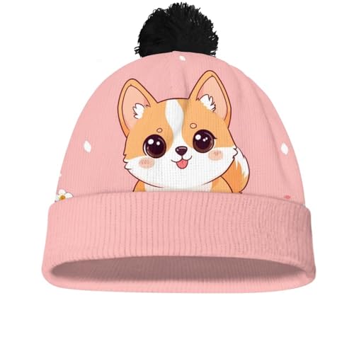 Girls Boys Winter Warm Knit Beanie Pompom Elasticity Slouchy Hat Skull Caps for Childrens - color: Corgi and Flower