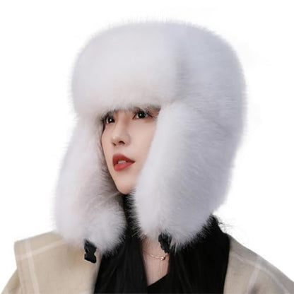 Women's Fluffy Trapper Hat, Long Pile Faux Fur Ushanka hat with Buckle, Luxurious Mink-Style Winter Warm Hat - color: White