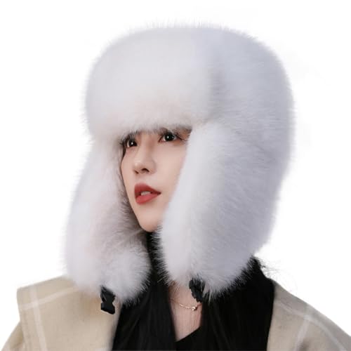 Women's Fluffy Trapper Hat, Long Pile Faux Fur Ushanka hat with Buckle, Luxurious Mink-Style Winter Warm Hat - color: White