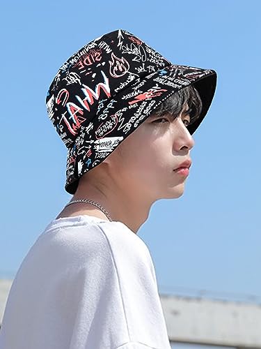 Packable Reversible Printed Bucket Hat Unisex for Men Women Beach Fisherman Cap - color: Black-2