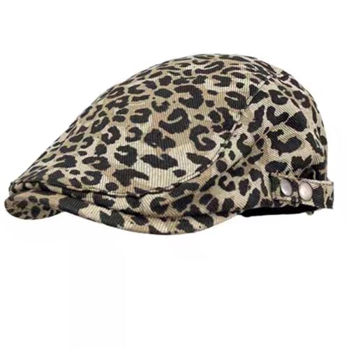 Retro Leopard Beret Cap 20s-Gatsby Fashion Cows Newsboy Caps Cotton Blend Ivy Flat Cabbie Hat Medium - color: Khaki-leopard-nb