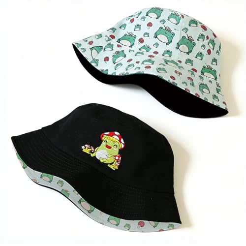 Summer Reversible Bucket Hat - Packable Cute Pineapple Sun Hat for Beach, Golf, Fishing, Travel, Outdoor for Women Men - color: Frog