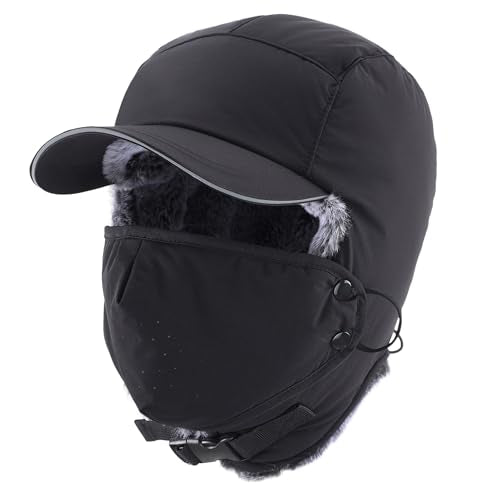 Home Prefer Waterproof Mens Faux Fur Trooper Trapper Hat Hunting Warm Winter Hat with Ear Flaps Visor Face Mask - color: Black
