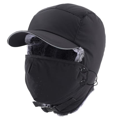 Home Prefer Waterproof Mens Faux Fur Trooper Trapper Hat Hunting Warm Winter Hat with Ear Flaps Visor Face Mask - color: Black