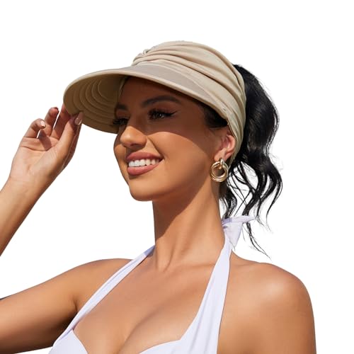 Womens Sun Visor Hat Wide Brim Summer Sun Hats UPF 50+ UV Protection Beach Hats Foldable Golf Visor for Women - color: Beige