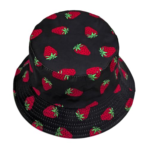 Printed Bucket Hat - Reversible Packable Summer Travel Beach Sun Cap for Men Women Teens - color: Black Red Strawberry
