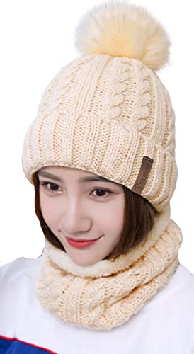IYEBRAO Womens Winter Knit Beanie Hat and Scarf Set Girls Cute Slouchy Thick Fleece Lined Ski Hat Warm Skull Cap with Pom - color: Beige