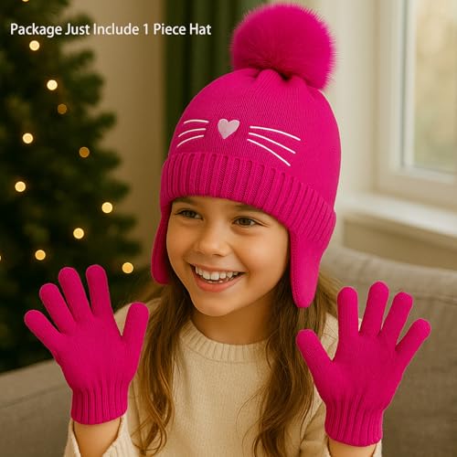 Girls Beanie Knit Hat with Ear Flaps Rainbow Cat Hats Toddler Kids Winter Outdoor Skull Snow Ski Cap Age 2-10 - color: Hot Pink, size: 2-4T