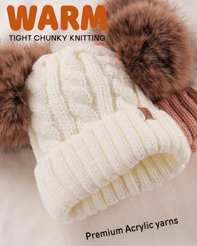 FURTALK Toddler Winter Hat Knit Beanie Double Faux Fur Pompoms Girls Boys - color: Cream White, size: 6-24 Months