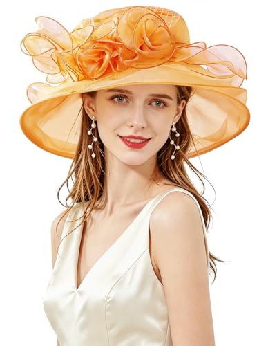 Women Derby Fascinator Hat Organza Church Wedding Hats Wide Brim Cocktail Tea Party Hat - color: 12 Orange
