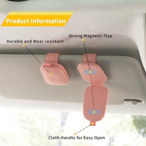 Yuoyar Sunglass Holder for Car, Magnetic Leather Sunglasses Holder and Ticket Card Clip, Car Visor Accessories, 2 Packs (Pink) - color: PINK