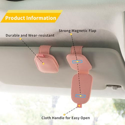 Yuoyar Sunglass Holder for Car, Magnetic Leather Sunglasses Holder and Ticket Card Clip, Car Visor Accessories, 2 Packs (Pink) - color: PINK