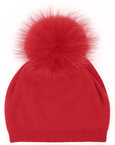Women's Double Layer Winter Slouchy Knit Beanie Hat with Real Fur Pom Pom - color: Red Pom
