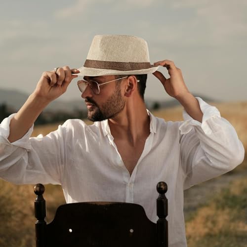 Lisianthus Mens Short Brim Summer Panama Fedora Trilby Sun Hat - color: Beige With Coffee Band