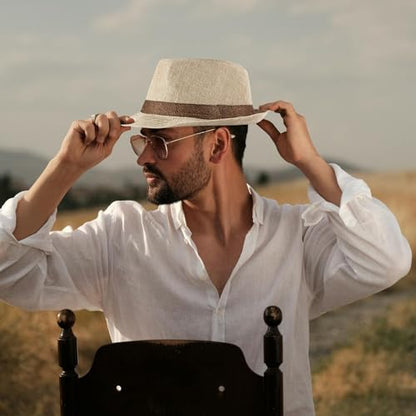 Lisianthus Mens Short Brim Summer Panama Fedora Trilby Sun Hat - color: Beige With Coffee Band