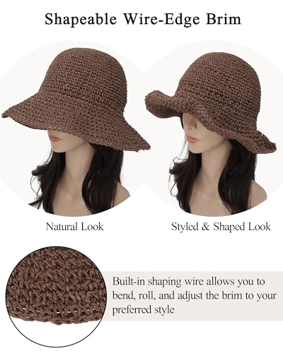 Womens Crochet Straw Sun Hat Foldable Floppy Wide Brim Beach Hat for Summer - color: Coffee