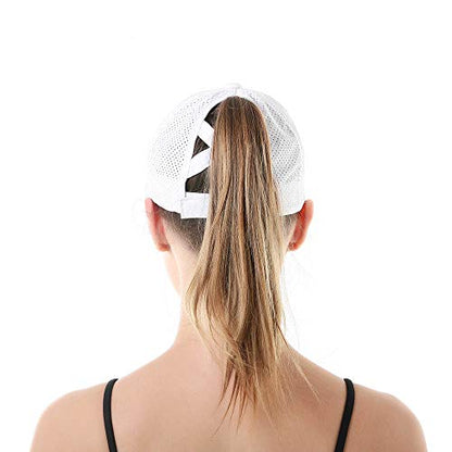 Womens Criss Cross Ponytail Hat Quick Drying Baseball Cap Sun Hats UV Protection Sport Cap - color: White