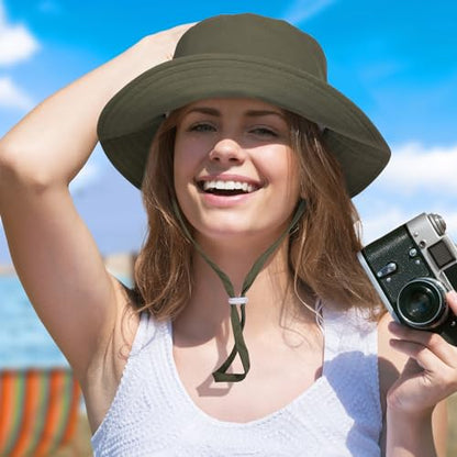 Women Wide Brimmed Sun Hat,Summer Foldable Beach Bucket Hat with UV Protection for Women Young Girls - color: Beige