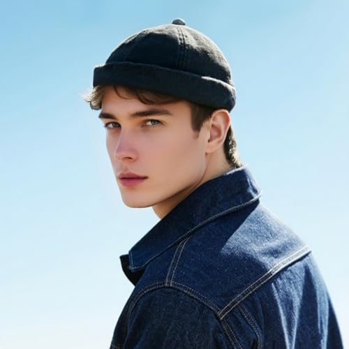 Brimless Hat for Men Women Docker Cap Vintage Sailor Beanie Cap - color: Black