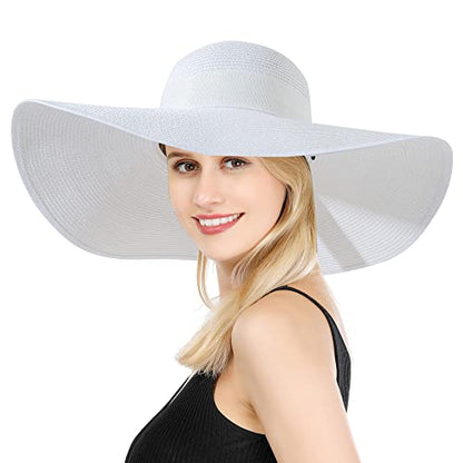 Lanzom Womens 5.7 Inches Big Bowknot Straw Hat Large Floppy Foldable Roll up Beach Cap Sun Hat UPF 50+ - color: White
