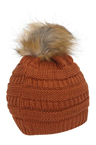 Gravity Threads Cable Knit Faux Fur Pom Pom Beanie Hat - color: Rust