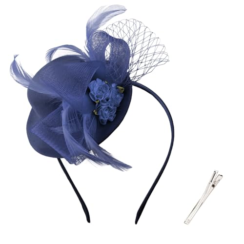 AMCAMI Fascinators Hats for Women Girls 2026 Derby Hats Tea Party Hat with Headband and Clip - color: Navy Blue