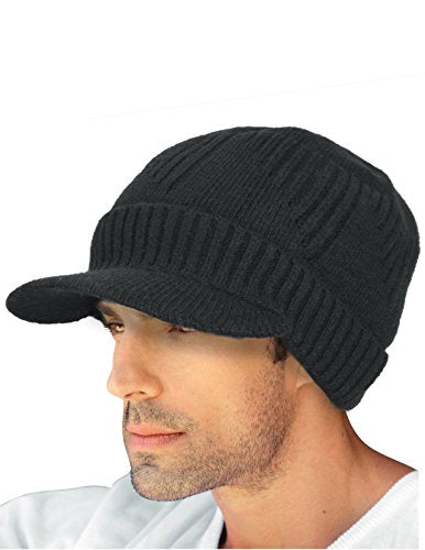 Dahlia Men's Beanie with Visor - Wool, Winter Hat w/Brim, Fleece Lined - color: Ribbed: Black