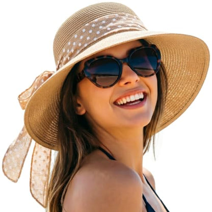 DRESHOW Sun Hats for Women Summer Wide Brim Beach Straw Hat Bowknot Bucket Hats Foldable Floppy Beach Sun Hat UPF 50+ - color: 1 Pack Polka Dot Bowknot Ribbon Hat: Khaki